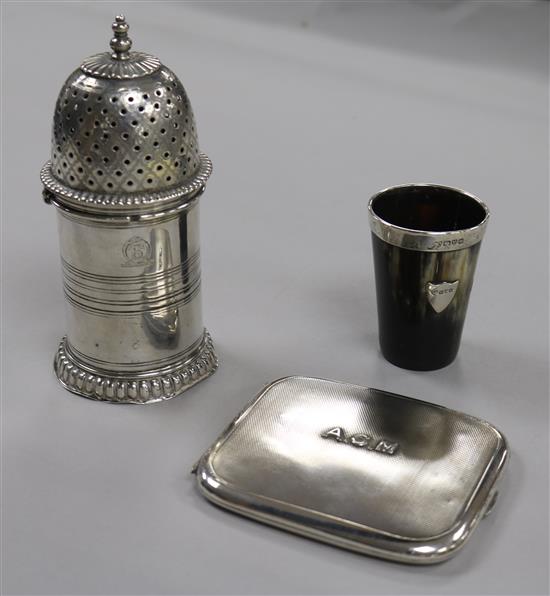 A Victorian silver lighthouse sugar caster, a silver cigarette case and a silver mounted horn beaker.
